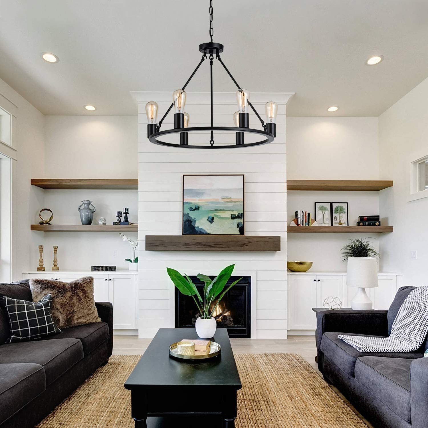 8-light Farmhouse Chandeliers For Dining Room,30 Inch Rustic Wagon Wheel Chandelier With Seeded Glass Shade