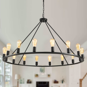 Chandelier Metal 39in 12lights Rustic Wagon Wheel Chandelier Light Fixture Black Farmhouse Pendant Lighting Dining