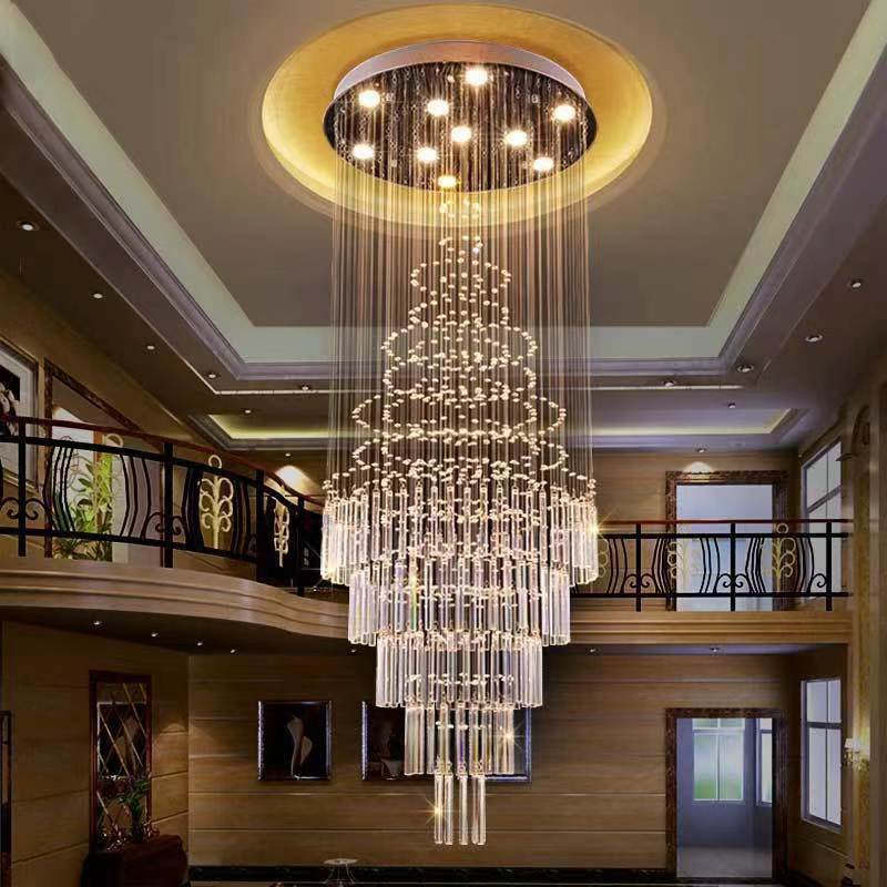 Modern Nordic Hotel Lobby Ceiling Hanging Mounted Luxury Led Long Crystal Chandelier Pendant Light