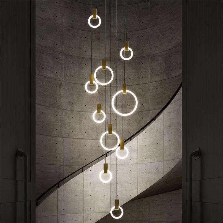 Indoor Home Dining Room Staircase Modern Fixture Hang Lamp Gold Black Circle Led Round Ring Nodic Pendant Light Chandelier