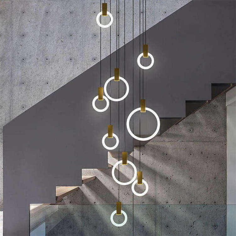 Indoor Home Dining Room Staircase Modern Fixture Hang Lamp Gold Black Circle Led Round Ring Nodic Pendant Light Chandelier