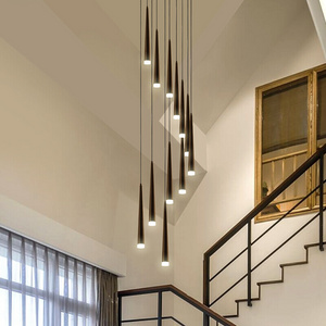 Modern Indoor Black Long Type Round Stairwell Stair Lighting Chandeliers Pendant Lights For Hotel Lobby Staircase