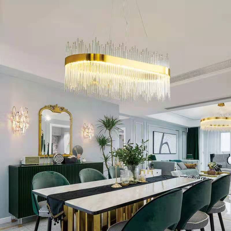 Modern Round Crystal Chandelier For Dining Room Rectangle Design Kitchen Island Lighting Fixtures Led Pendant Lights Glass