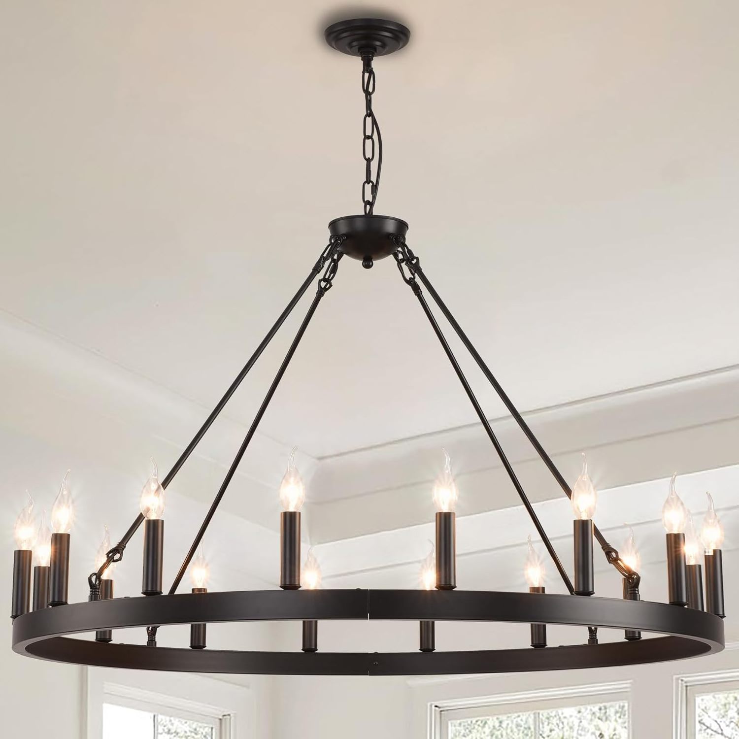 Black Wagon Wheel Chandelier Round Farmhouse Pendant Light Fixture Rustic Hanging Lighting Modern Wheel Chandelier