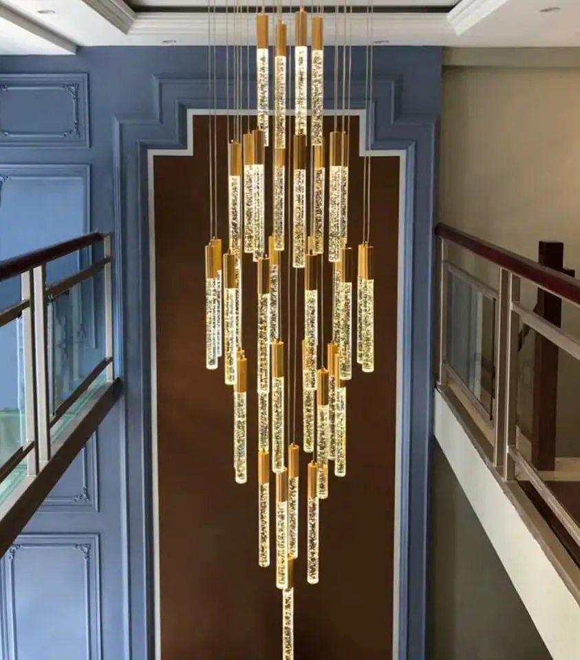 Customized Stainless Steel Staircase Led Deco Pendant Light Hotel Living Room Modern High Ceiling Crystal Chandelier