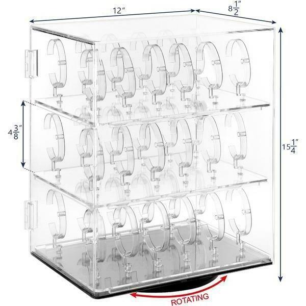 Jewellery Watch Display Case for 36 Watches Set - C Clip Bangle Wrist Countertop Showcase Case Rotating Lockable Clear Acrylic