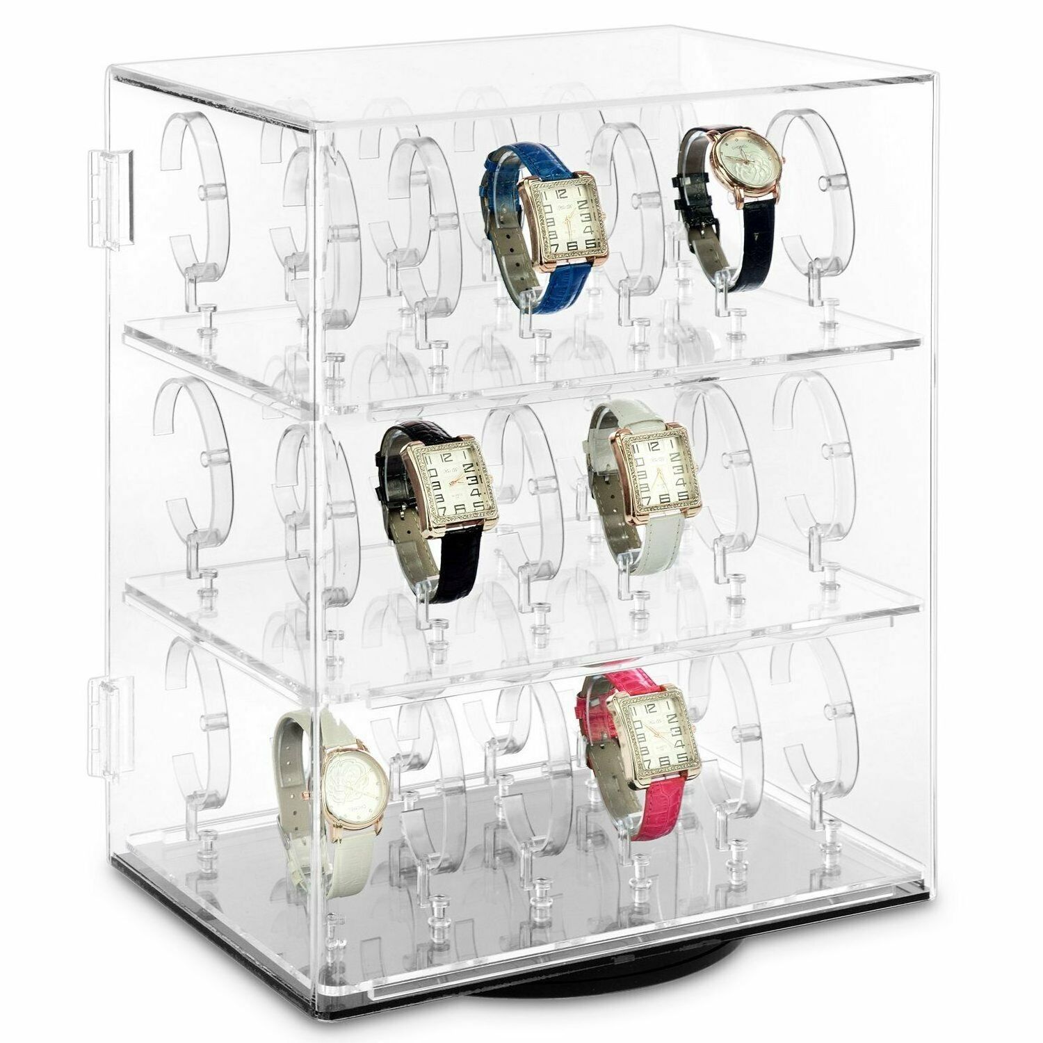 Jewellery Watch Display Case for 36 Watches Set - C Clip Bangle Wrist Countertop Showcase Case Rotating Lockable Clear Acrylic