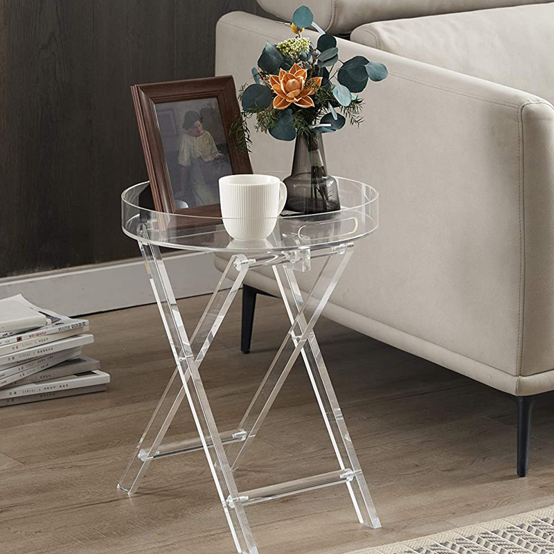 Clear Acrylic Small Folding Table Round Tray Drink Table for Office Nightstand for Living Room and Bedroom