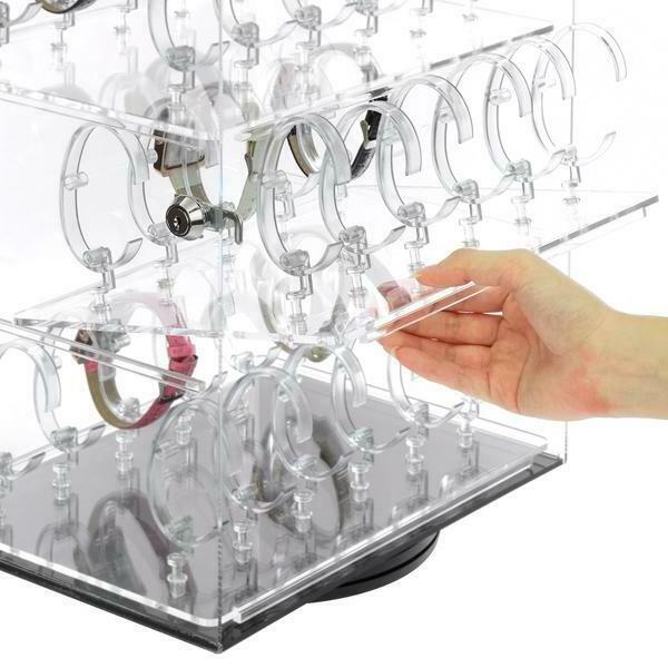 Jewellery Watch Display Case for 36 Watches Set - C Clip Bangle Wrist Countertop Showcase Case Rotating Lockable Clear Acrylic