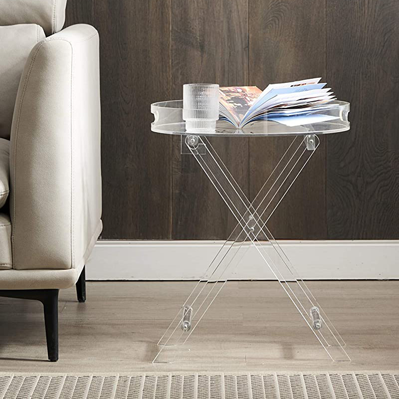 Clear Acrylic Small Folding Table Round Tray Drink Table for Office Nightstand for Living Room and Bedroom