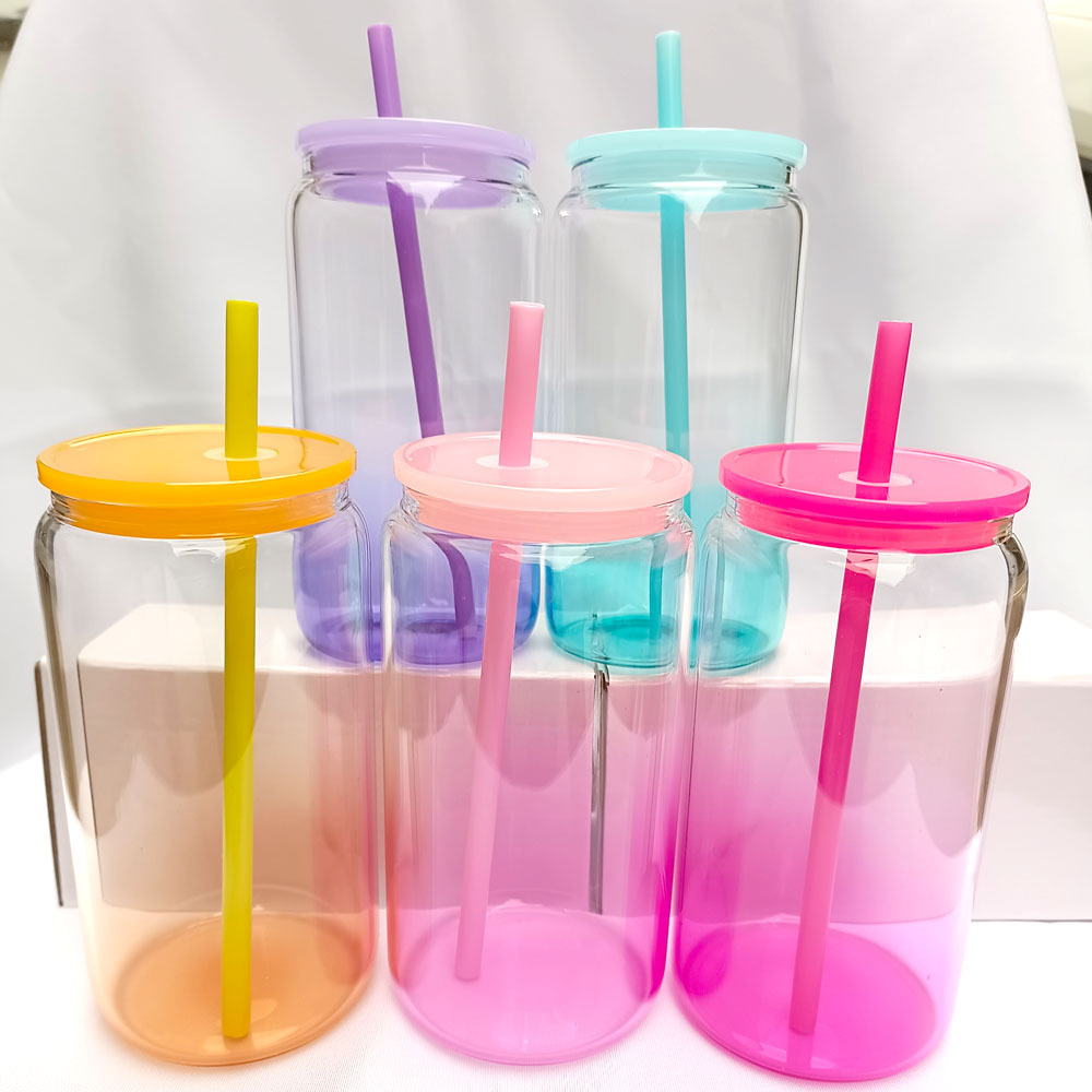 Reusable 16oz Clear Mixed Colors Transparent Ombre Jelly Glass Can with Lid and Colored Straws for Sublimation And UV DTF Wraps