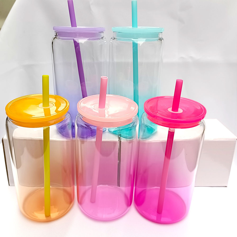 Reusable 16oz Clear Mixed Colors Transparent Ombre Jelly Glass Can with Lid and Colored Straws for Sublimation And UV DTF Wraps