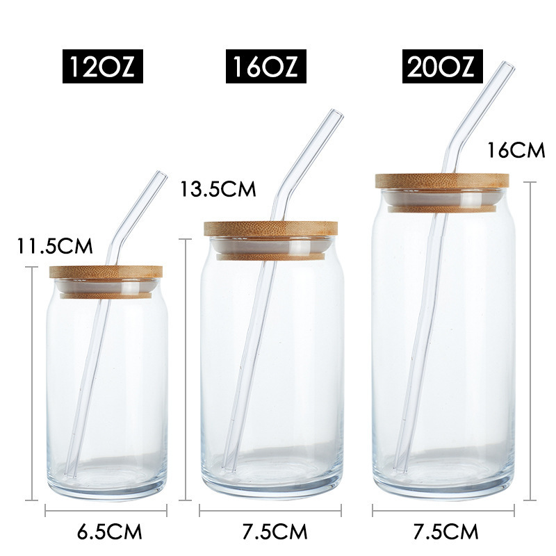 Blank Custom Logo Drinking Glass Cup with Bamboo Lids and Glass Straw Reusable 16 Oz Can Shaped Beer Glasses  for Soda Boba Tea