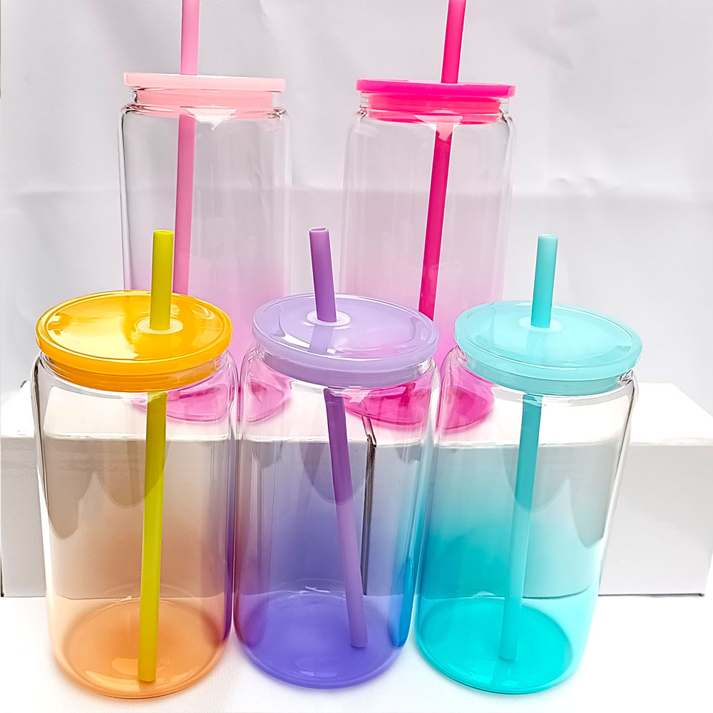 Reusable 16oz Clear Mixed Colors Transparent Ombre Jelly Glass Can with Lid and Colored Straws for Sublimation And UV DTF Wraps