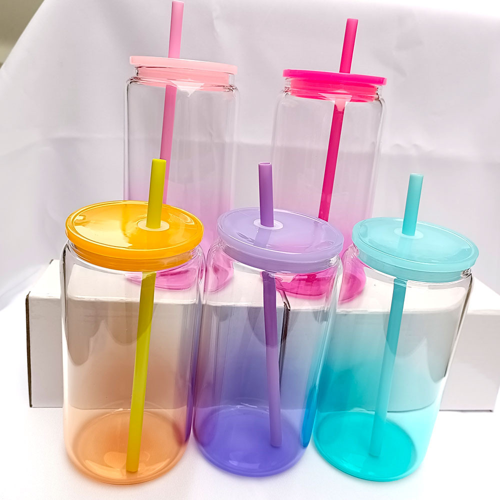 Reusable 16oz Clear Mixed Colors Transparent Ombre Jelly Glass Can with Lid and Colored Straws for Sublimation And UV DTF Wraps