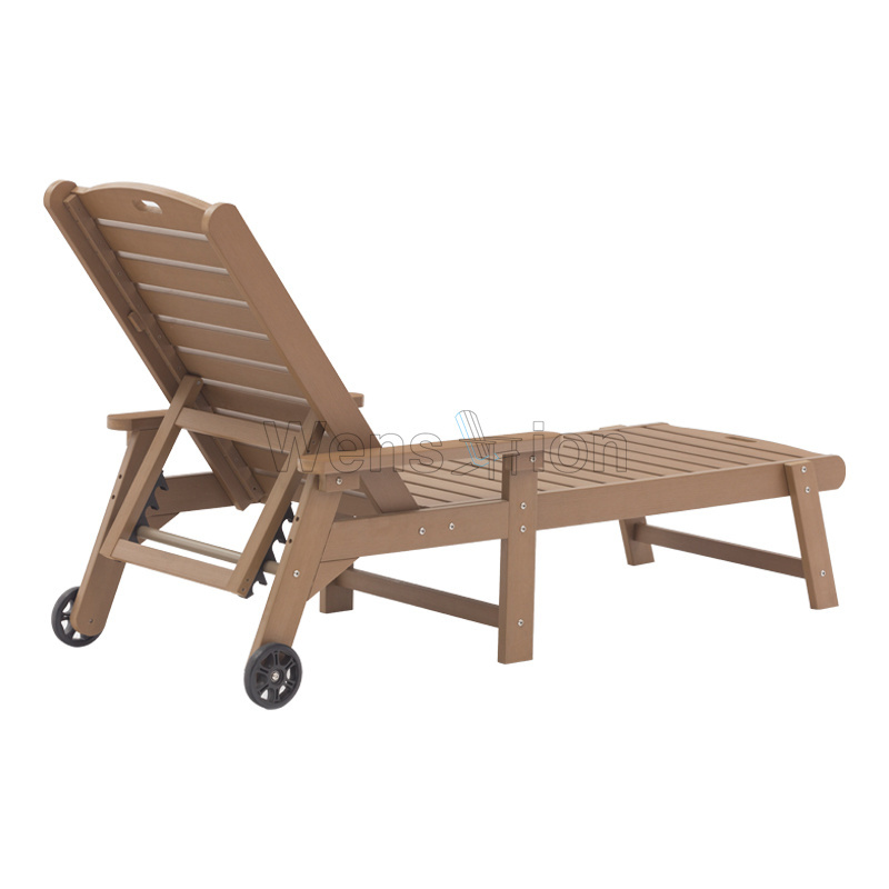 Outdoor 4-Level Backrest adjustment Beach Lounge Chairs Plastic Wood Sun Lounger Patio Pool Chaise Lounge