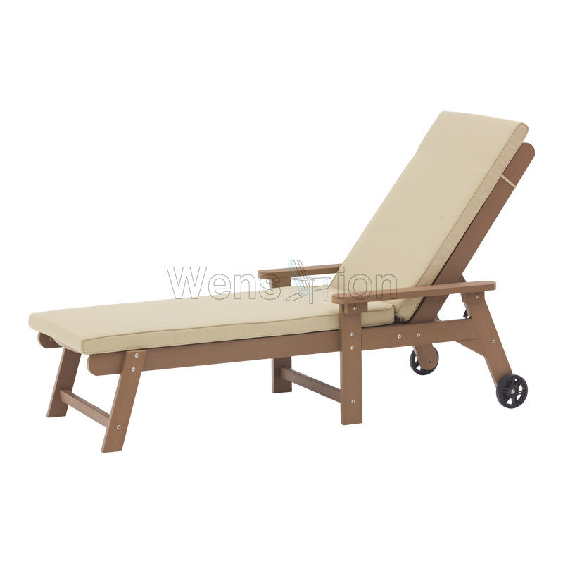 Outdoor 4-Level Backrest adjustment Beach Lounge Chairs Plastic Wood Sun Lounger Patio Pool Chaise Lounge