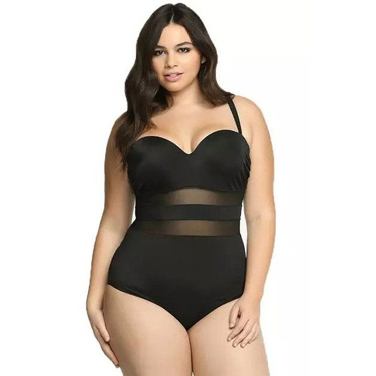 New Swimwear Wholesale Plus Fat Large Size One Piece Swimsuit Solid Color Mesh Stitching Fat Bikini Plus Size Black Tankini