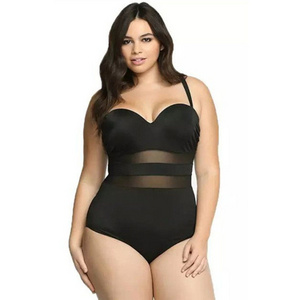 New Swimwear Wholesale Plus Fat Large Size One Piece Swimsuit Solid Color Mesh Stitching Fat Bikini Plus Size Black Tankini