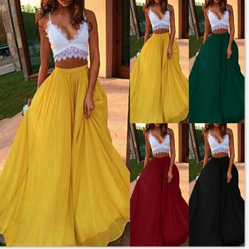 2019 Spring Summer New Chiffon Elastic Waist Solid Color Slim Double Layer Large Swing Skirt