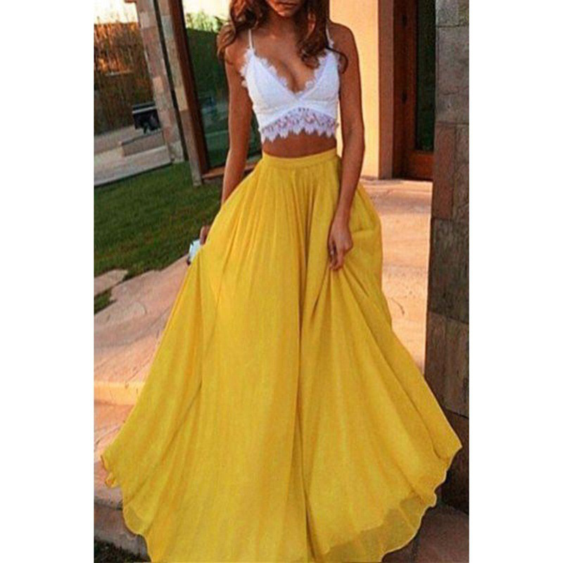 2019 Spring Summer New Chiffon Elastic Waist Solid Color Slim Double Layer Large Swing Skirt