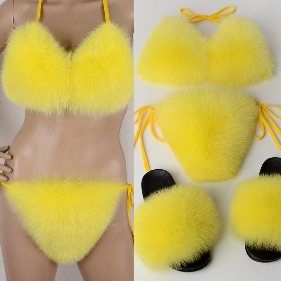 Hot Sale women real fox fur sexy bikini sets natural raccoon fur bikini set