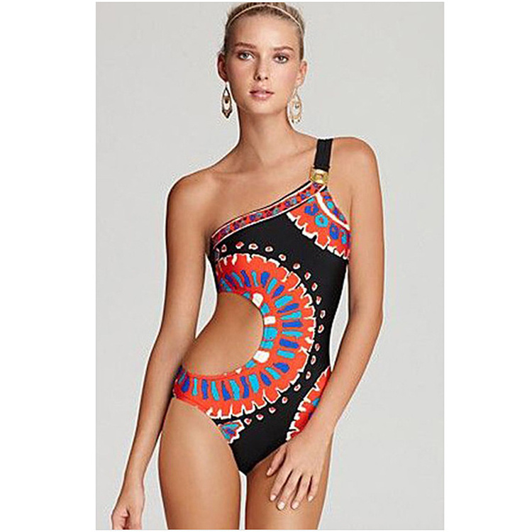 One Shoulder Bikini Indian Print Swimwear Hollow Waist One Piece Swimsuit For Women