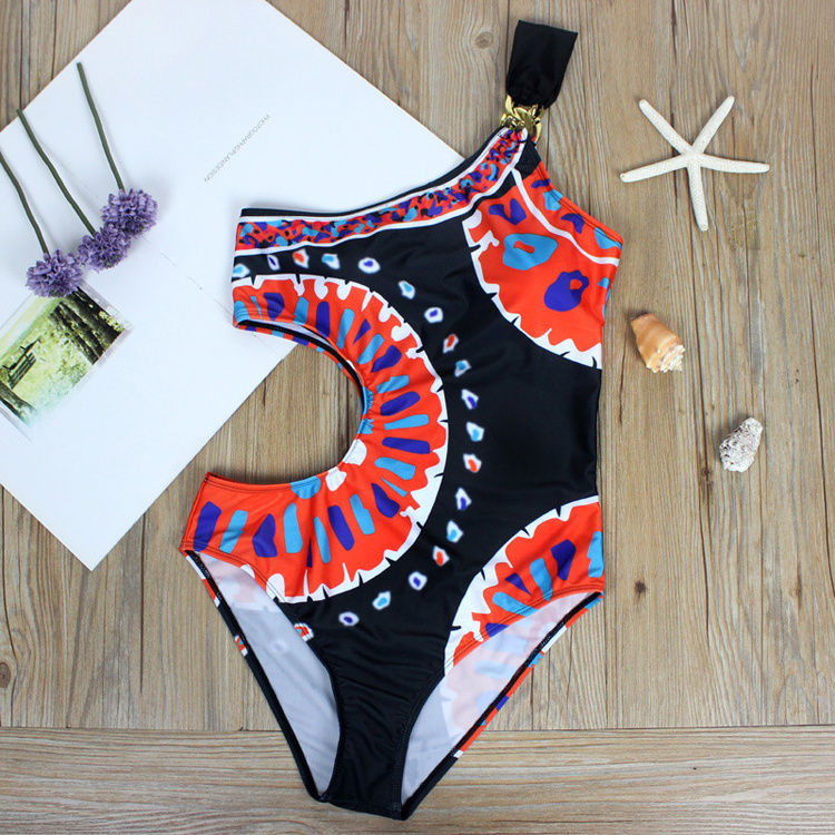 One Shoulder Bikini Indian Print Swimwear Hollow Waist One Piece Swimsuit For Women