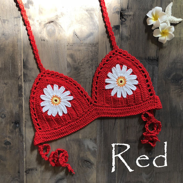 Tie Strap Hook Bikini Beach Knit Daisy Hollow Swimsuit Sun Flower Handmade Swimsuit Crochet Lady Top