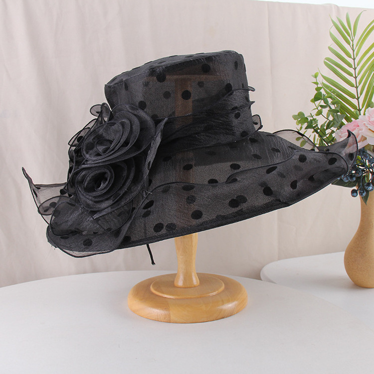 Organza large brimmed hat elegant flower polka dot sun hat for women church hat Wholesale