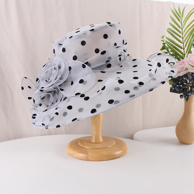 Organza large brimmed hat elegant flower polka dot sun hat for women church hat Wholesale