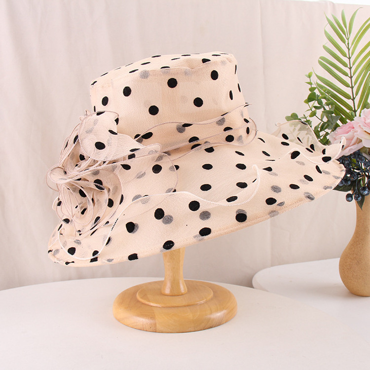 Organza large brimmed hat elegant flower polka dot sun hat for women church hat Wholesale