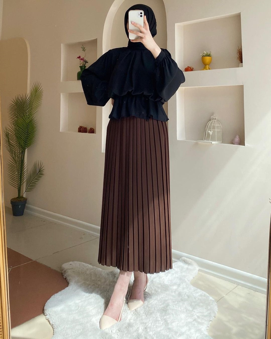 Muslim new women's fall and winter tops fashion shirt Turkish long-sleeved shirt pleated half-body skirt two-piece set