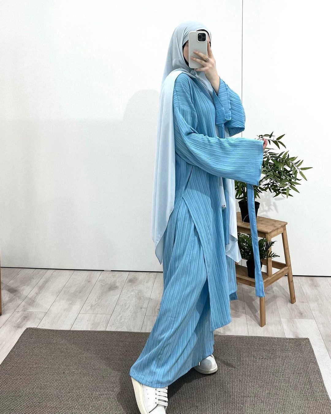 2 Piece Pleated Striped Suit Islamic Costume Women's Demure Abaya Loose Split Side Long Skirt Big Swing Skirt Two Piece Set