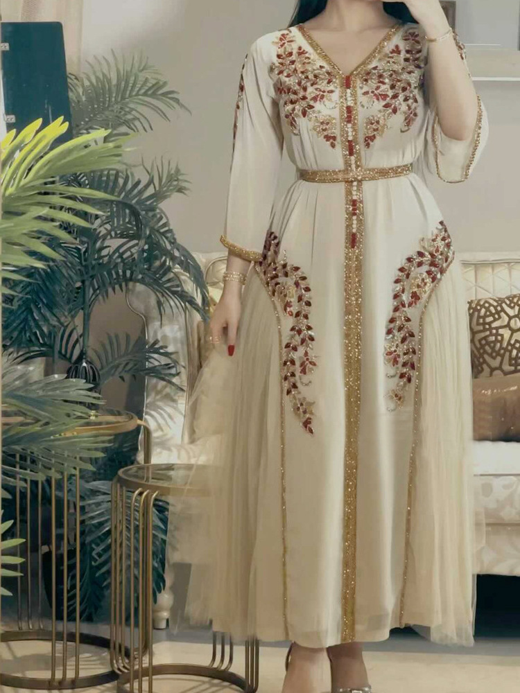 Chiffon Embroidered Dress with Belt Fashion Clothes High Quality Beaded Diamond Studded Dubai Dress Eid Middle Eastern Women