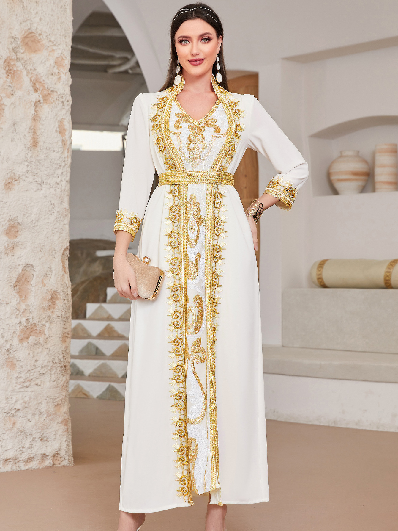 Eid Middle East Robe Dress Moroccan Robe Lace Sequin Embroidery Fashion Dubai Arab Turkish Muslim Evening Gowns