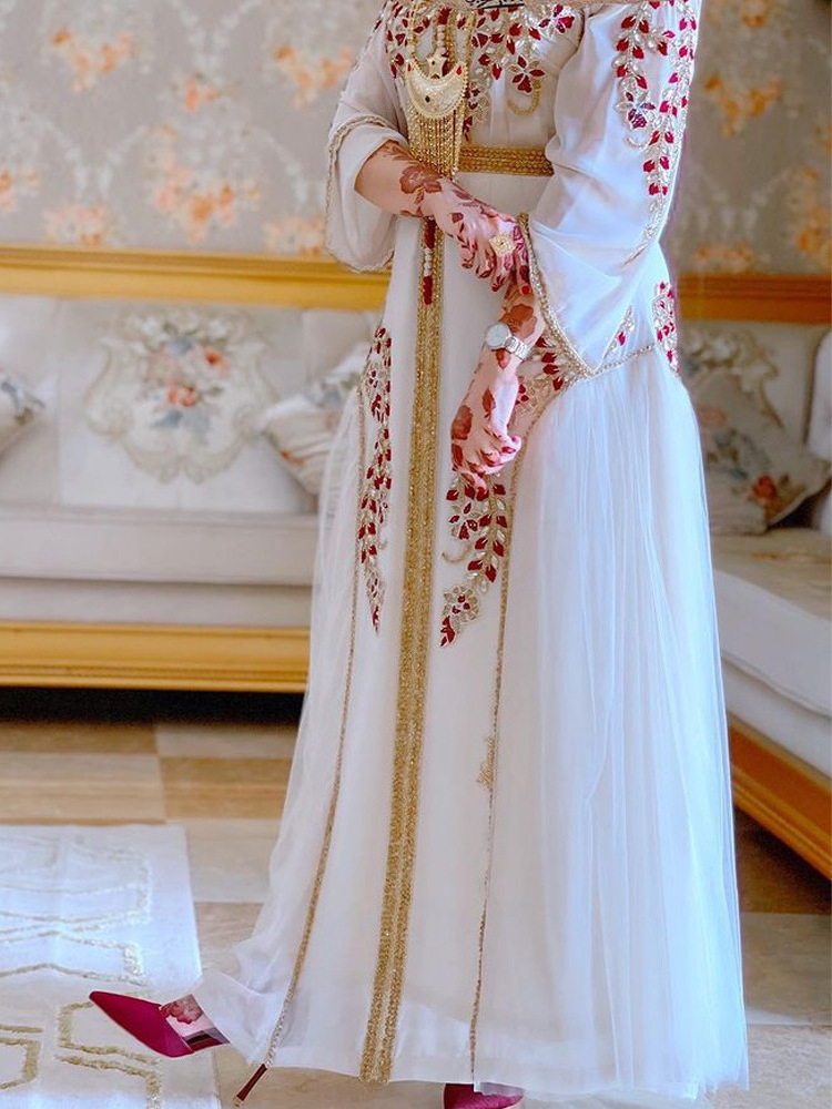 Chiffon Embroidered Dress with Belt Fashion Clothes High Quality Beaded Diamond Studded Dubai Dress Eid Middle Eastern Women