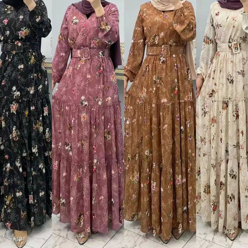 New Arrivals Wholesale Dubai Turkey Solid Color Simple Modest Kaftan Islamic Clothing Abaya Muslim floral Dresses For Women