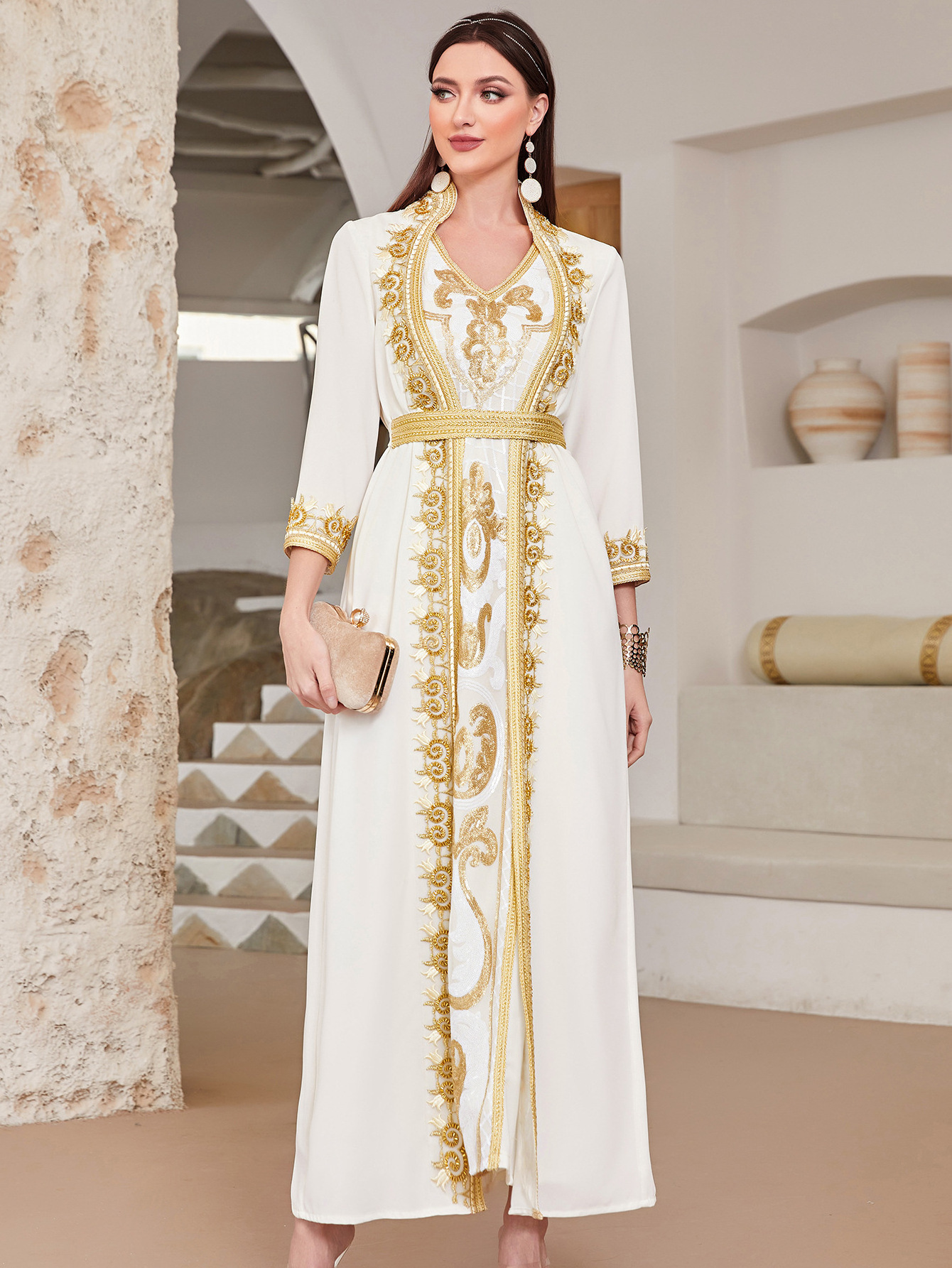 Eid Middle East Robe Dress Moroccan Robe Lace Sequin Embroidery Fashion Dubai Arab Turkish Muslim Evening Gowns