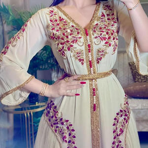 Chiffon Embroidered Dress with Belt Fashion Clothes High Quality Beaded Diamond Studded Dubai Dress Eid Middle Eastern Women