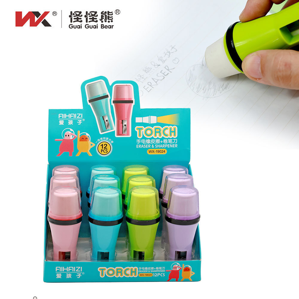 Factory spot promotion Cute flashlight model eraser pencil sharpener plastic Creative stationery student supplies hot products