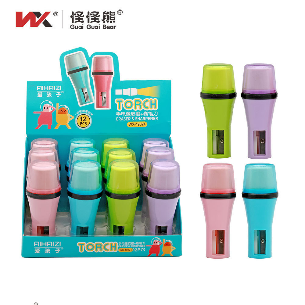 Factory spot promotion Cute flashlight model eraser pencil sharpener plastic Creative stationery student supplies hot products