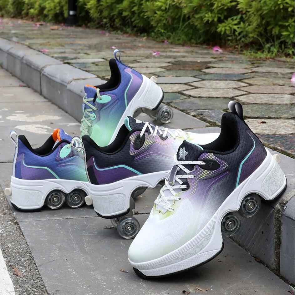 New factory direct sales deformation kick roller skate shoes with four wheels