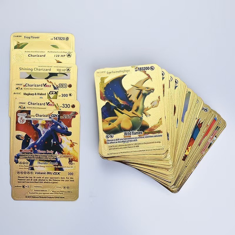 55 Pcs /box English Spanish French Gold Foil Trading poke mon Cards Poke mon Gold Foil Card Anime Poke mon Foil Stamping Card