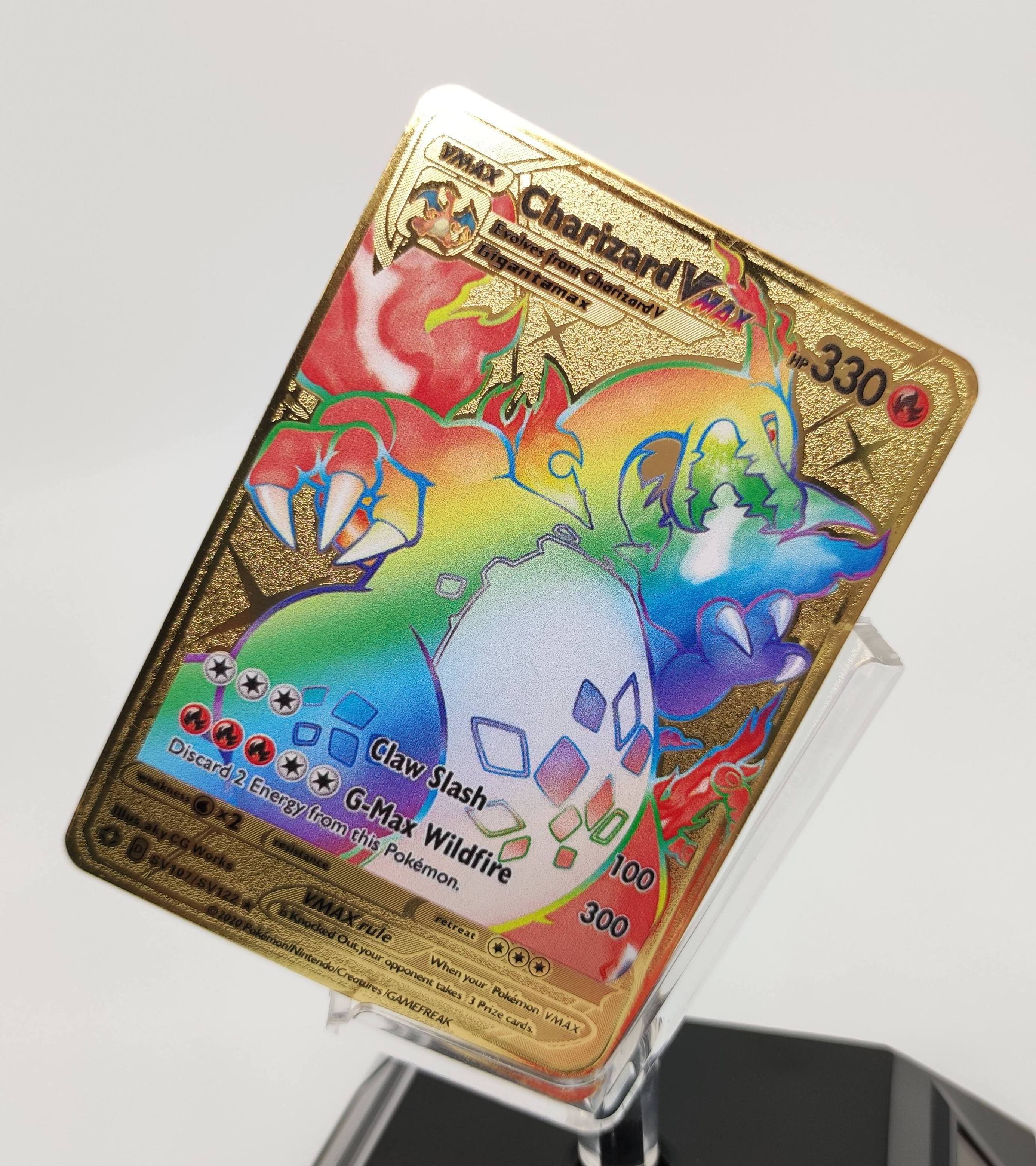 Fast Shipping Rainbow Charizard Pika chu Vmax Hp330 Gx Gold Metal Poke mon Cards New Trading Cards Game Gold