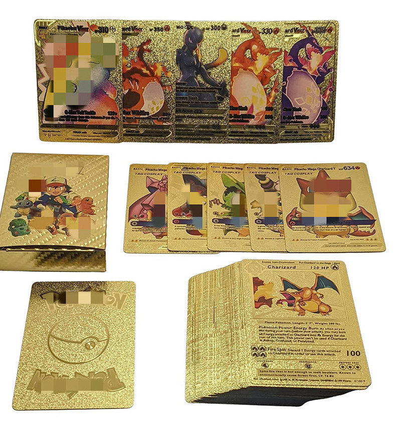 55 Pcs /box English Spanish French Gold Foil Trading poke mon Cards Poke mon Gold Foil Card Anime Poke mon Foil Stamping Card