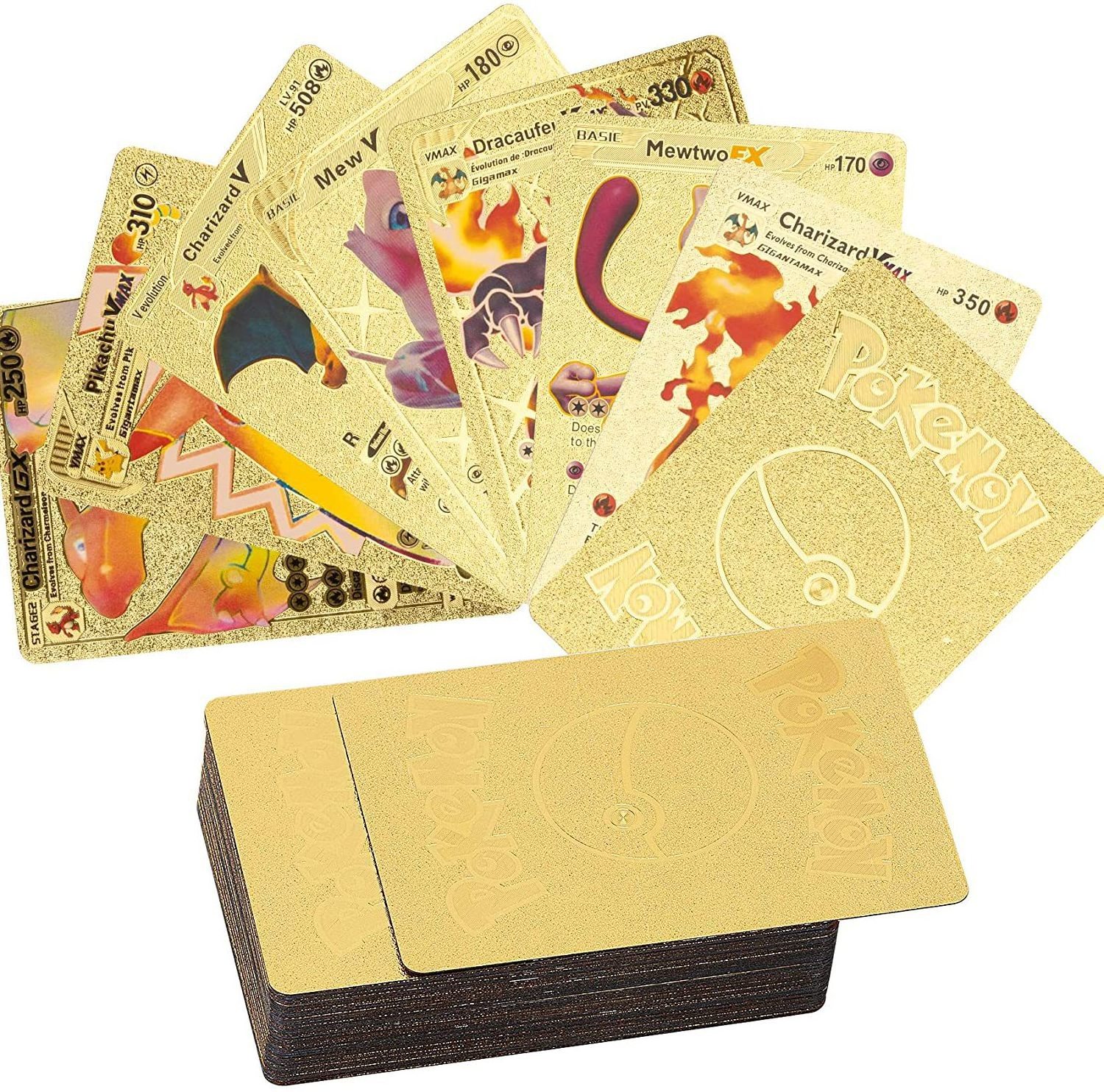 55 Pcs /box English Spanish French Gold Foil Trading poke mon Cards Poke mon Gold Foil Card Anime Poke mon Foil Stamping Card