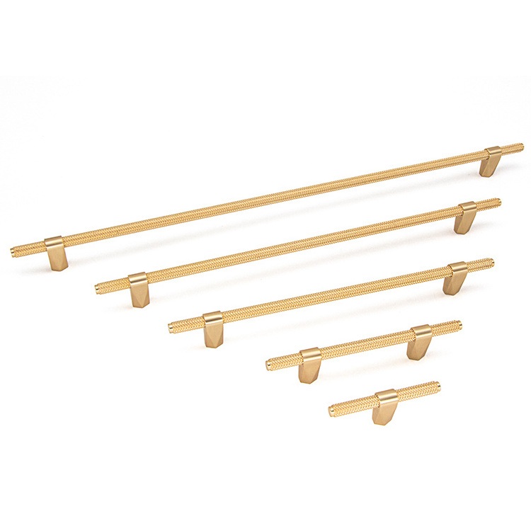 Brushed Gold T Bar Kitchen Cabinet Hardware Handles Solid Brass Knurled ...