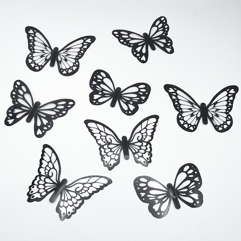 8pcs Set High Quality Removable Home Decor 3D Wall Stickers Self Adhesive PVC Black Butterfly Stickers with UV Printing