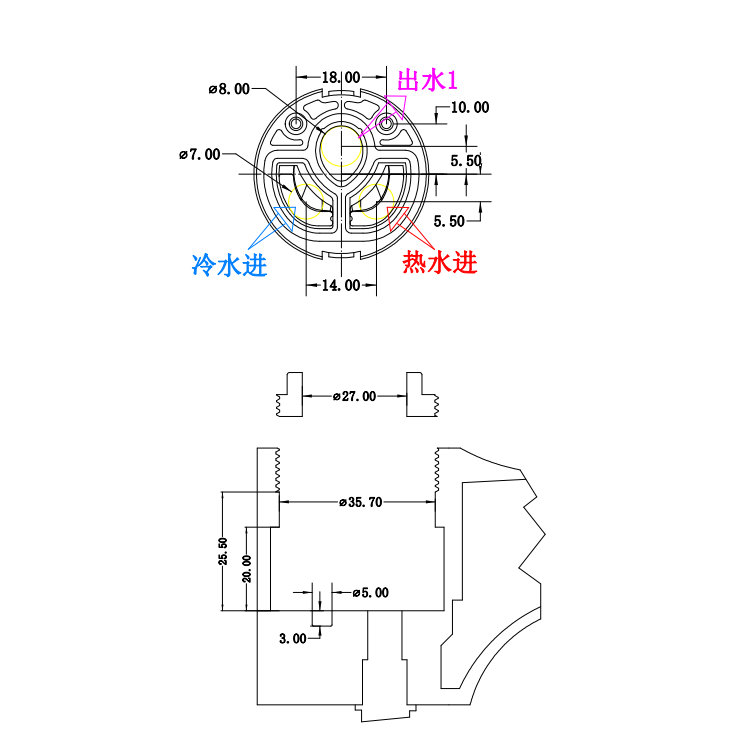 35mm brass ceramic plastic faucet core valve Flat foot temperature control faucet cartridge